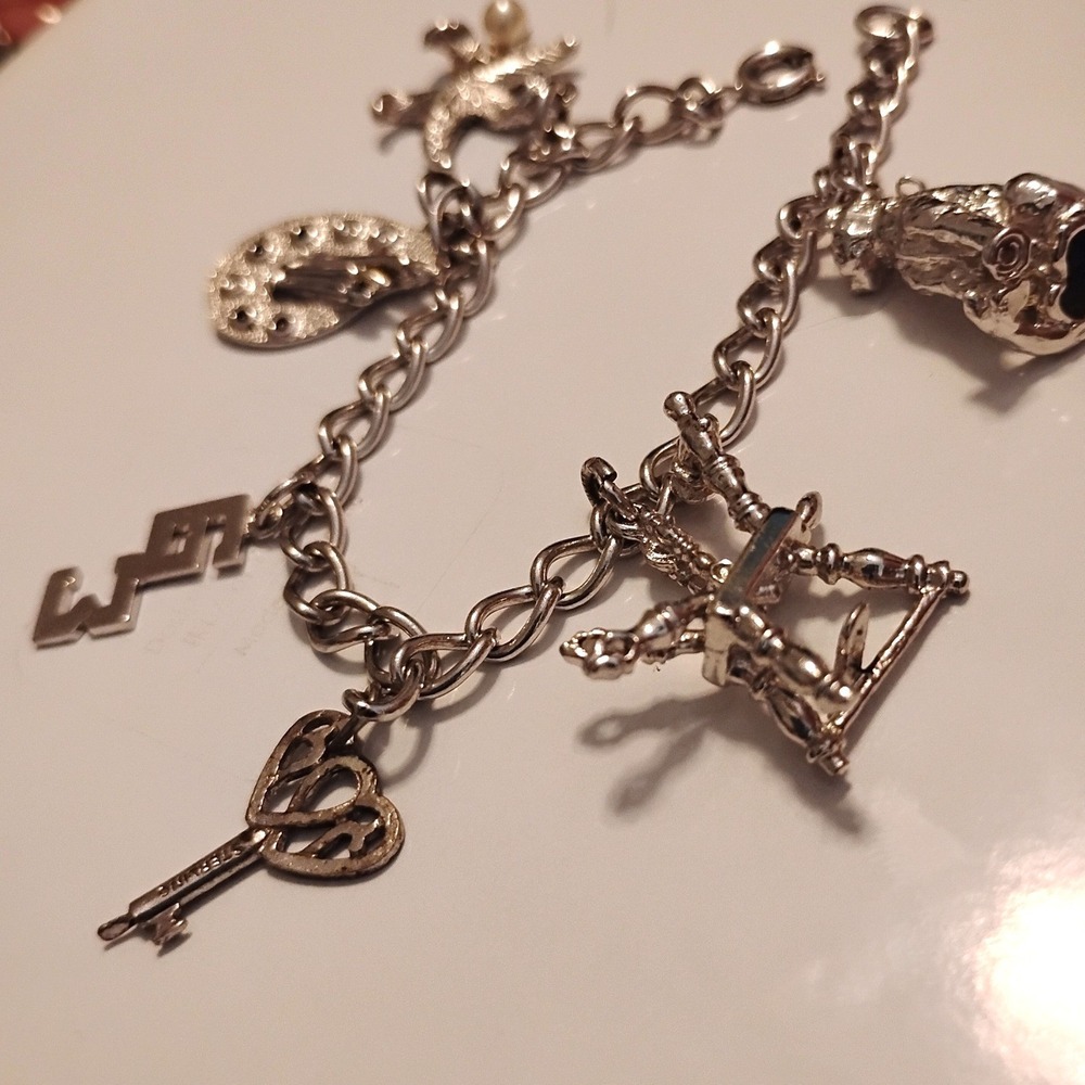 Vintage Mid-Century Designer Solid Sterling Silver Multi-Charm Bracelet